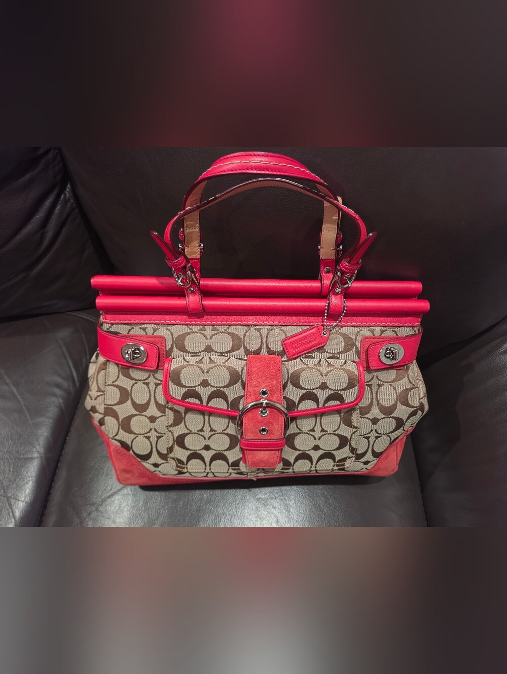 Coach Brown Signature Satchel with Pink Trim